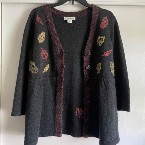 Christopher & Banks Button  Peplum Cardigan Fall Sweater M Embroidered Leaves - Picture 4 of 9
